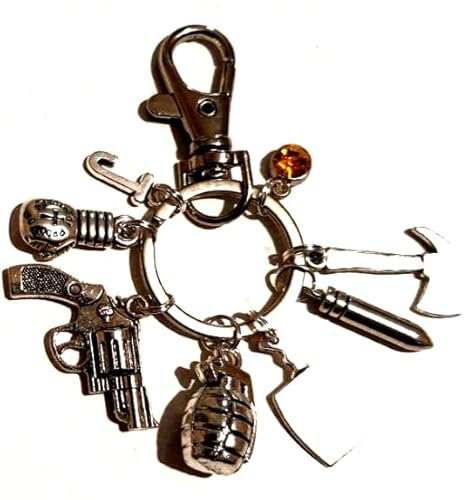 Personalised Weapons Keychain with Boxing Glove, Gun, Bullet, Meat Cleaver, Axe, Grenade & Birthstone