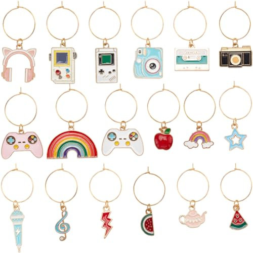 SUNNYCLUE 1 Box 18 Styles Enamel Wine Charms Glass Marker Charms Bulk Enamel Alloy Cute Watermelon Star Teapot Camera Music Glasses Charm for Birthdays Wedding Holiday Party Favors Drinks Decorations