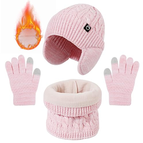 TAGVO Kinder Mütze Loop Schal Touchscreen Handschuhe Set, 3 in 1 Thermo Winter Beanie Hut, Schal, Touchscreen Wollhandschuhe Set, Flexible Strickmütze mit Gehörschutz für Mädchen Jungen 4-10 Jahre