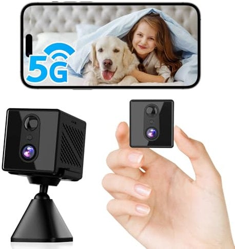aidowocam Mini Kamera,5G WiFi Überwachungskamera Innen,Kamera Überwachung Innen,Kostenloser Cloud-Speicher, Lange Standby Akku Kamera,Bewegungsmelder,Nachtsicht,Unterstützt SD-Speicher