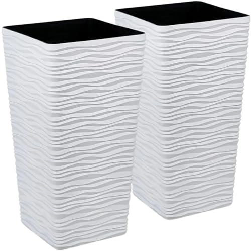 Hohe BlumentöPfe 2er-Pack hohe, konische Pflanzgefäße aus Kunststoff, weiß, quadratisch, Blumentöpfe – 55,9 cm hoch, großer Baumpflanzer, matt, gewellter Blumentopf, for Zuhause und den Garten FüR Den