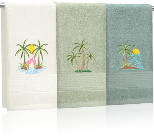 Hahafelt 3 Pack Summer Palm Tree Hand Towels for Bathroom 100% Cotton Embroidered Beach Bathroom Towels 13.78 x 29.53 Inch Soft Absorbent(Green Series, Palm Tree)