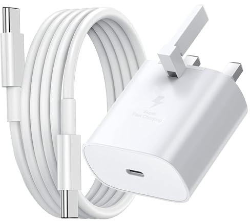 Galaxy A56 / A56 5G Charger Plug [25W] Super Fast Charger Plug For Samsung Galaxy A56 / A56 5G USB Type C Fast Charging Cable [1M] High Speed Adapter UK 3 Pin Mains wall Phone Charger Plug (WHITE)
