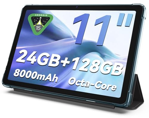 Tablet 11 Android 15 Tablet, 24 GB RAM + 128 storage (espandibile fino a 2 TB), tablet Android con custodia, Octa-Core, display IPS HD, doppia fotocamera da 13 MP, 8000mAh, 5GWiFi, GPS, Bluetooth 5.0