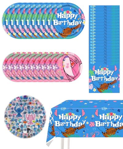 Cartoon Alien Dog Party Tableware - Blue Tablecloth, Paper Plates and Napkins, Hawaiian Tropical Luau Birthday Party Decorations Supplies