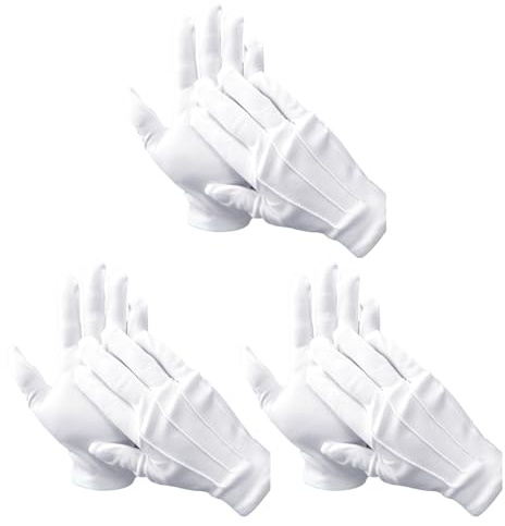 3 Pair Nylon BaumwolleHandschuhe Weiß, Baumwollhandschuhe Weiß Handschuhe Schweißfeste Parade Kostüm Handschuhe für Abendgarderobe Cosplay Schmuckinspektion Formale Anlässe Smokings (A)