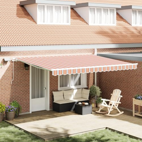 Qnhdfrt Tenda da sole allungabile manuale 450 x 300 cm con striscia LED multicolore arancione a righe acrilico protezione solare per terrazza balcone giardino