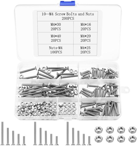 Set di 200 viti M4, in acciaio inox, a testa svasata M4, viti a testa piatta in acciaio inox, set di viti filettate