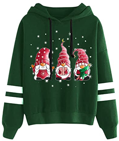 Nuqqichongtian Damen Weihnachtspullover Wichtel Kostüm Weihnachten Ugly Pulli Weihnachtskostüm Weihnachts Hoodie Weihnachtspulli Kapuzenpullover Weihnachtsdruck Pullover