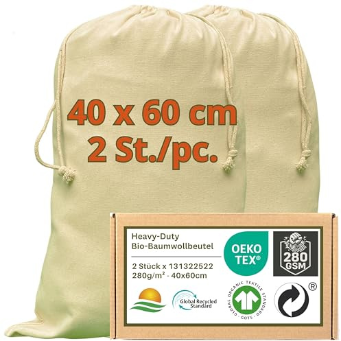 WIESEN.design Baumwollbeutel - 280 g/m² OEKO-TEX® zertifizierte Heavy-Duty Baumwolle für langlebige, professionelle Anwendungen, 40x60 cm - 2 St. Geschenkbeutel Stoff, Beutel mit Kordelzug, Packbeutel
