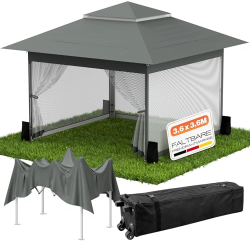 Huracan Pop Up Pavillon 3,6x3,6 Wasserdicht Stabil Winterfest, Faltpavillon Garten mit 4 Moskitonetz Seitenteilen und Sandsäcke, Höhenverstellbar Gartenpavillon, Doppeldach Gartenzelt, Anthrazit