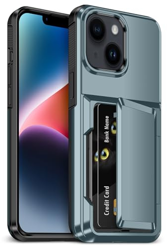 Vunake für iPhone 14 Hülle mit Kartenfach, Max 5 Karten, Hard PC Silikon Wallet Schutzhülle Stoßfest Handyhülle für iPhone 14 Case 6,1 Zoll, Marineblau