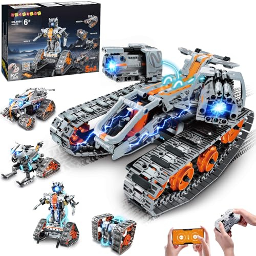 HOGOKIDS 5-in-1 Roboter Bausatz mit LED, RC-Technik Bauspielzeug mit App & Fernbedienung, Panzer-Rennwagen, programmierbar, wiederaufladbar, Geschenk für Jungen und Mädchen von 6–12+ Jahren(604 Teile)