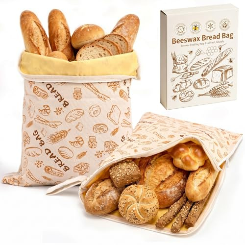 AHJ Bienenwachs Brotbeutel 2er Set, XL 43×33 cm, L-Reißverschluss | Wiederverwendbarer Baumwoll-Leinen-Brotsack mit extraweiter Öffnung; für Sauerteig, selbstgebackenes Brot und Baguette