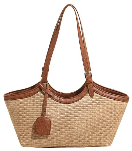 PithCogent Strohtaschen für Damen|Stroh-Einkaufstasche für Damen, geräumige gewebte Geldbörse – leichte Geldbörsen und Handtaschen mit PU-Ledergriff, Schwarz