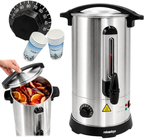 Relaxdays bollitore elettrico per vin brulé, 10 L, 30–110 °C, argento | con rubinetto, termostato, indicatore, acciaio