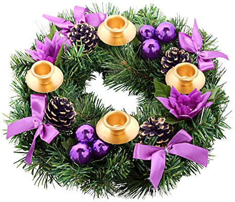 Purple Ribbon Christmas Advent Wreath - for Advent Calendar Season - Centerpiece Decor Candle Holder and X-mas Decorations