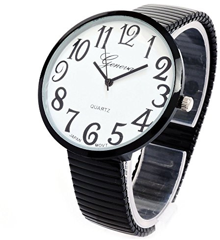 Black Super Large Face Flat Stretch Band Easy to Read Watch