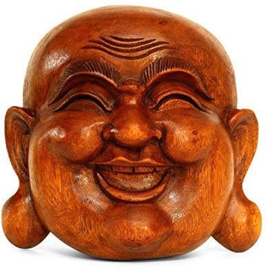 G6 Collection Wooden Wall Mask Laughing Smiling Happy Buddha Head Statue Hand Carved Stand Alone Sculpture Handmade Figurine Home Decor Handcrafted Art Wall Hanging Happy Buddha Mask