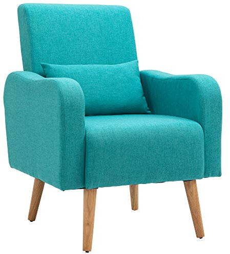 HOMCOM Accent Chair, Linen-Touch Armchair with Pillow, Upholstered Leisure Lounge Sofa for Living Room, Club Chair with Rubber Wooden Frame, Teal