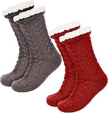 Boao 2 Paar Damen Warme Pantoffel Socken Weihnachten Fuzzy Socken Fleece-gefütterte Rutschfeste Pantoffel Socken (Grau und Rot)