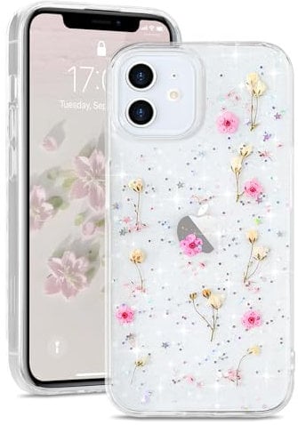 L-FADNUT for iPhone 11 Case, Cute Real Dried Flowers with Sparkle Glitter Design, Clear Shockproof Handmade Pressed Floral Phone Case Silicone Bumper Protective Cover for Women Girls Pink