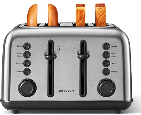 BUYDEEM DT640 4-Slice Toaster, Extra Wide Slots, Retro Stainless Steel with High Lift Lever, Bagel and Muffin Function, Removal Crumb Tray, 7-Shade Settings (Stainless Steel)