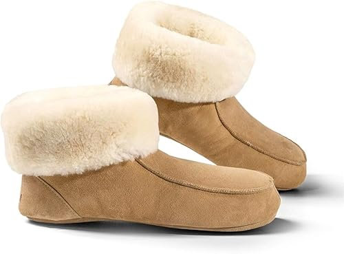Fellhof handgemachter Hüttenpatschen aus Lammfell Hausschuh Damen Herren Unisex gefüttert Winter-Sommer Hausschuhe Naturprodukt atmungsaktiv (beige Gr. 36)