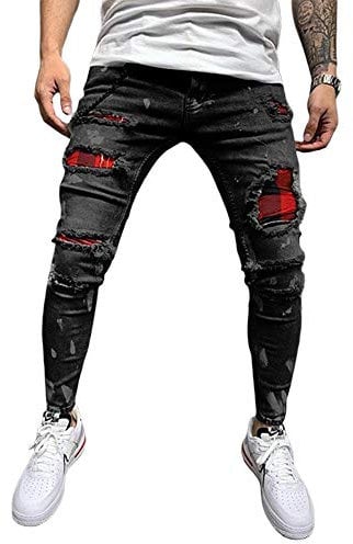 DELIMALI Men's Classic Ripped Jeans, Elastic Waist Stretch Skinny Distressed Denim Trousers Hip Hop Pants Streetwear (Black, M)