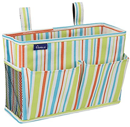 Surblue Bedside Caddy Hängebett Organizer Aufbewahrungstasche Tasche für Etagen-und Krankenhausbetten 4 Taschen und 2 Haken (klein grün gestreift)