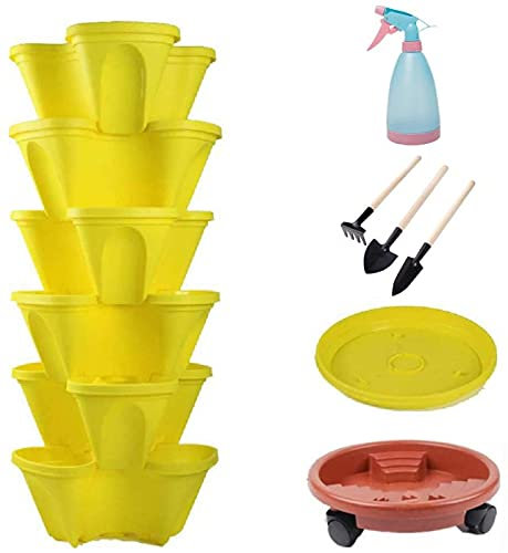 ZKHD 6 Tier Ständer Stacking Pflanzer Erdbeere Pflanztöpfe,Smart-Pflanztöpfe,Vertikal Garten Planter stapelbare Blumentopf Turm für Innen/Außen,Yellow