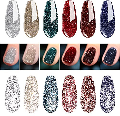 Vishine UV Gel Nagellack Glitzer - Reflektierend Funkelnd Shellac für Weihnachten - Einweichen Sparkly Shiny Gel Nagel Art Maniküre Lack - 6 Farben