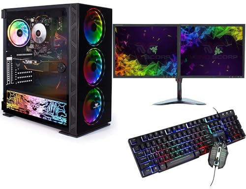 Veno Scorp ARGB Gaming PC Set i5 240 SSD 500 HDD 8GB RAM 2GB DDR5 GT1030, PC Set with 2 x 19” Monitors Win 10 Wifi NeonZilla (Renewed)