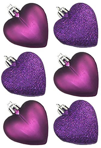 6 Pack 50mm Glitter/Plain Hearts Christmas Decoration - Purple