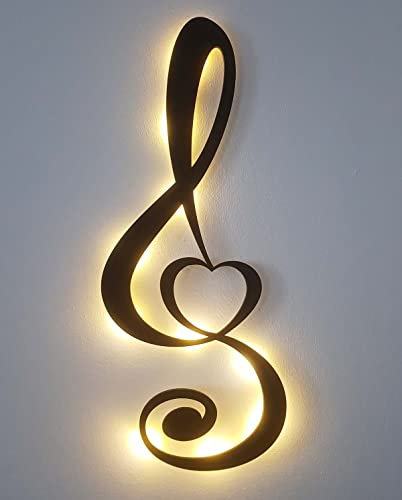 kh Teile Wand Deko Note + Herz (Holz) Notenschlüssel Dekoration Wandbild Wohnzimmer Geschenk Idee Wandbeleuchtung mit Led Licht, Schwarz Lackiert