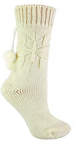 Damen Alpaka Wolle Socken mit Bommel | Gestrickt Socken | Wollsocken (37-42, Creme)