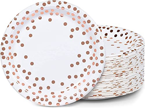 MATICAN Party Paper Plates, 100-Pack Disposable White and Rose Gold Plates, Foil Polka Dots, 22.86 Centimetres