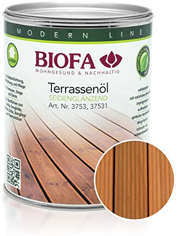 BIOFA Terrassenöl farbig 37531 Pflegeöl für Holzterrassen und Terrassen-Dielen aus Holz – Öl aus natürlichen Rohstoffen - Außenbereich (1L, Garapa)
