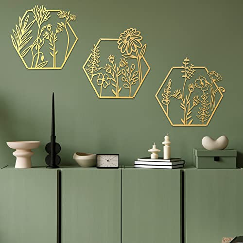 Peryiter 3 Stück goldene Metallblumen-Wanddekoration, minimalistisch, florales Wandbehang, Dekoration, Metallblume, Wandkunst, Blumen-Metall, Küche, drinnen und draußen (sechseckiger Stil)