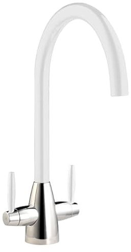Liquida LC02WH Swan Neck Twin Lever Chrome and White Kitchen Mixer Tap
