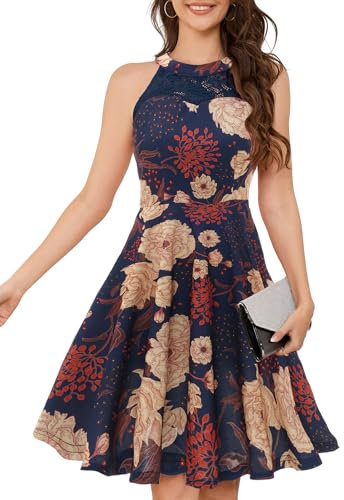 Bbonlinedress Robe de Soirée Cocktail Femme Courte Lingne A Halter Vintage pour Fête Bal Guinguette Anniversaire Mariage invité Navy Yellow Flower 2XL