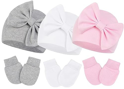 PONCEAU Neugeborenes Baby Mütze und Handschuhe Set Baumwolle Beanie Hut Unisex Mütze und Kratzfäustlinge für Kindergarten 0-6 Monate Baby Jungen Mädchen