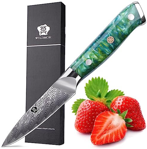 WILDMOK Couteau d'office Couteau à fruits de 9 cm avec lame en acier Damas VG-10 à 67 couches Petit couteau de cuisine parfait pour trancher les fruits et légumes. petit couteau