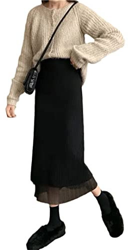 Gaze Plissee Strickröcke Damen Herbst Winter Mittellange A-Linie Hüftröcke Wendbarer Rock Black L