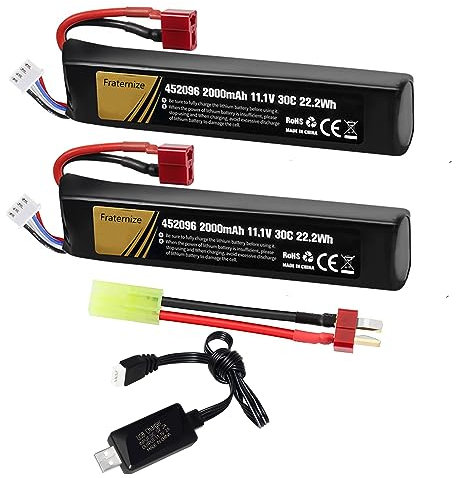 Lot de 2 batteries 11,1V Airsoft 2000mAh 30C rechargeables Stick Pack Batteries rechargeables Chargeur USB avec prise en T vers mini câble Tamiya pour pistolets Airsoft Modèle de fusil Gel Accessoires