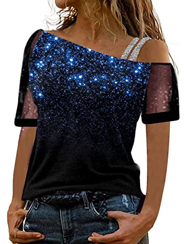 Tops Shirt Schulterfrei Top Sexy Glitzer Kurzarm Bedruckt Elegantes Hemd Lose Bluse Top Neon Stulpen