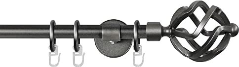 Garesa Gardinenstange Rustika Ø 16mm, 1-läufig, Graphite I Rustikale Vorhangstange aus Metall inkl. Ringe + Faltenlegehaken I Mit Endknopf Korb I 240cm