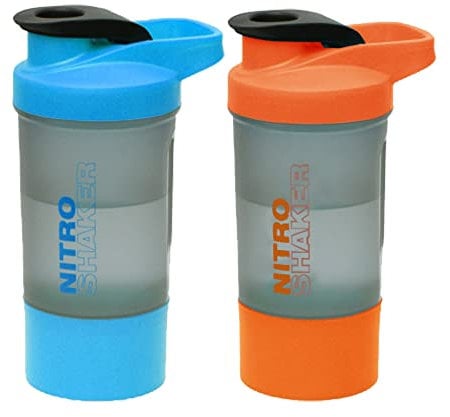 Set of Blue and Orange - Nitro Plastic Protein Shaker Bottle On The Go with Rust-Free Steel Spring Ball Flip Cap BPA Free Detachable Storage Cup Spill Proof Gym Sports Supplements Measurable - 600 ml