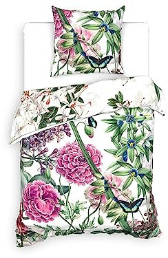 Heckett & Lane BCI Twill Bettwäsche 135x200 Murano Green Blüten grün pink