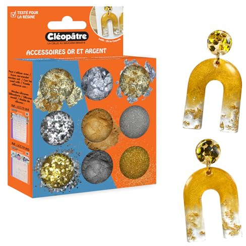 CLEOPATRE – Zubehör-Set aus Kunstharz – Pailletten, Glimmerpulver und Blätter – Gold/Silber für Kreationen aus UV- und Epoxidharz – 9 Töpfe